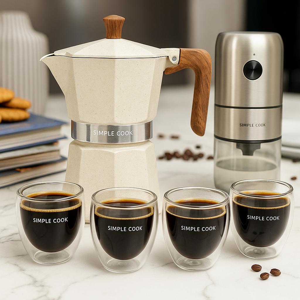 Kit Molinillo de Café y Especies Cali + Set 4 Tazas Espresso Simple Cook + Cafetera Italiana Simple Cook Siena 6 tazas