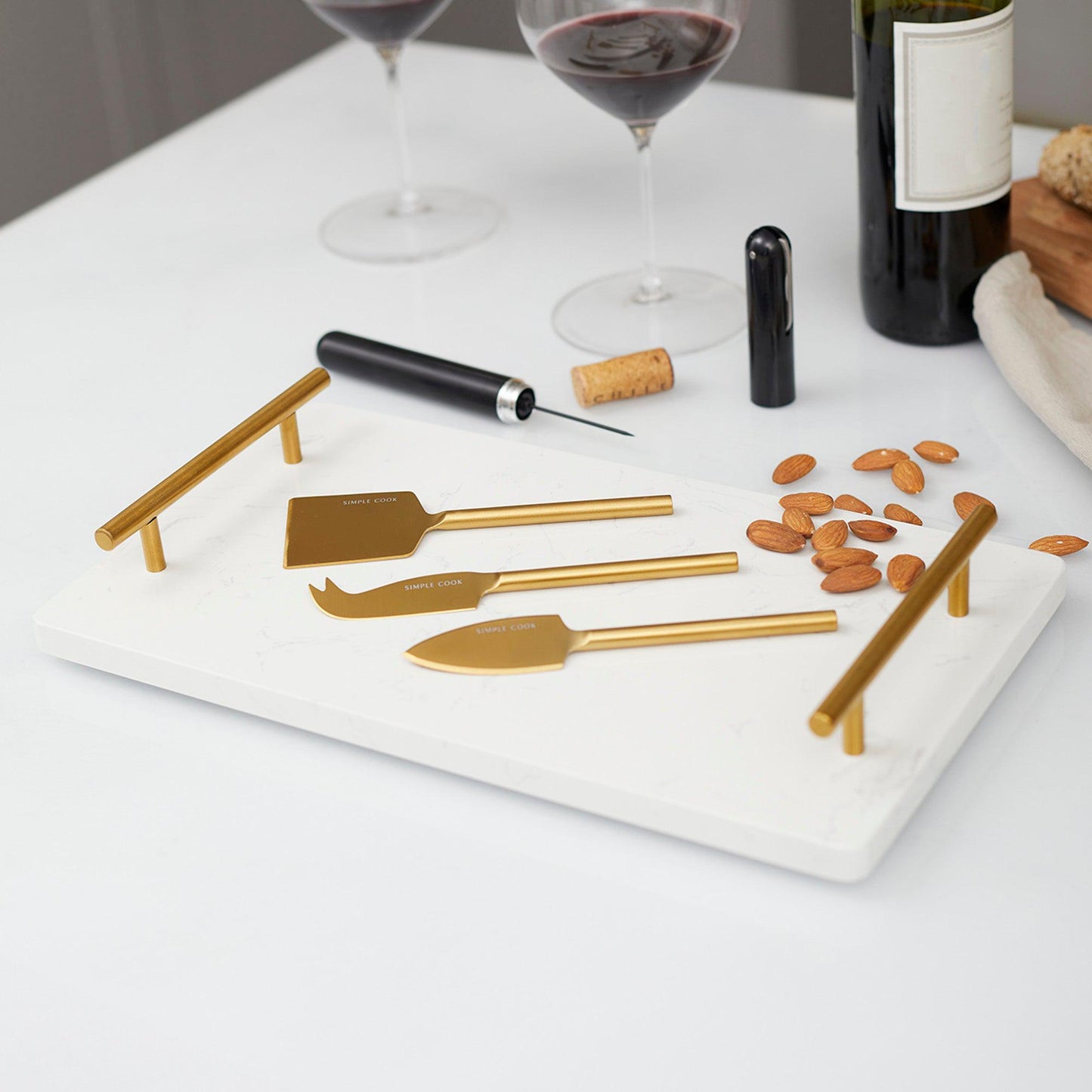 Kit Set Descorchador Dominius Negro + Set Tabla De Aperitivo Element + 3 Cuchillos